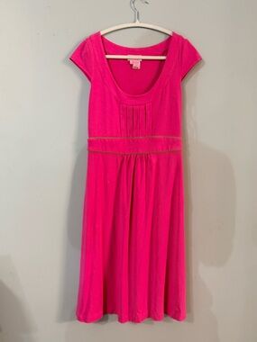 Women's Hot Pink Knit Dress with Layered Waist Detail trimmed in neon green